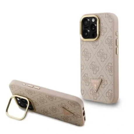 Husă spate Guess PU 4G Strass Triangle Logo Stand Camera Frame MagSafe pentru iPhone 15 Pro Max, roz