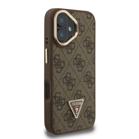 Husă spate Guess PU 4G Strass Triangle Logo Stand Camera Frame MagSafe pentru iPhone 16, maro
