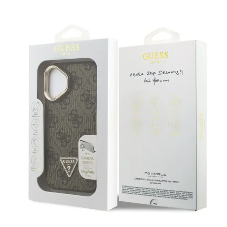 Husă spate Guess PU 4G Strass Triangle Logo Stand Camera Frame MagSafe pentru iPhone 16, maro