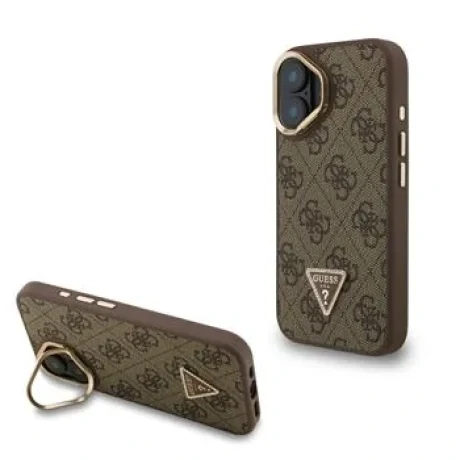 Husă spate Guess PU 4G Strass Triangle Logo Stand Camera Frame MagSafe pentru iPhone 16, maro