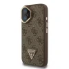 Husă spate Guess PU 4G Strass Triangle Logo Stand Camera Frame MagSafe pentru iPhone 16, maro