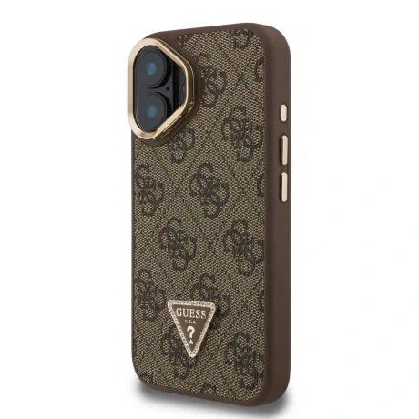Husă spate Guess PU 4G Strass Triangle Logo Stand Camera Frame MagSafe pentru iPhone 16, maro