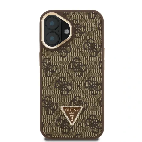 Husă spate Guess PU 4G Strass Triangle Logo Stand Camera Frame MagSafe pentru iPhone 16, maro