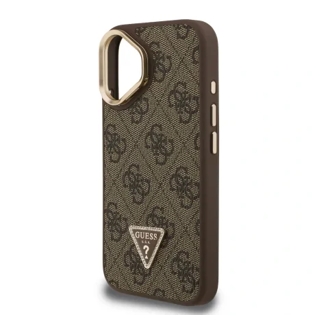 Husă spate Guess PU 4G Strass Triangle Logo Stand Camera Frame MagSafe pentru iPhone 16, maro