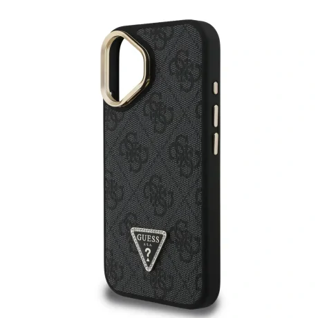 Husă spate Guess PU 4G Strass Triangle Logo Stand Camera Frame MagSafe pentru iPhone 16 Negru