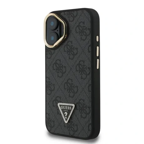 Husă spate Guess PU 4G Strass Triangle Logo Stand Camera Frame MagSafe pentru iPhone 16 Negru