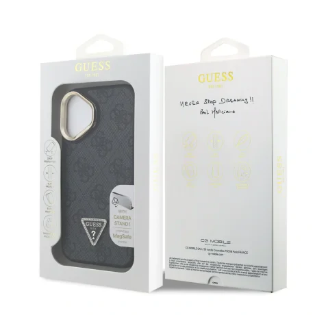 Husă spate Guess PU 4G Strass Triangle Logo Stand Camera Frame MagSafe pentru iPhone 16 Negru