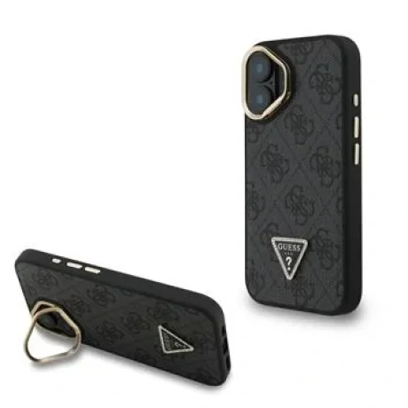 Husă spate Guess PU 4G Strass Triangle Logo Stand Camera Frame MagSafe pentru iPhone 16 Negru