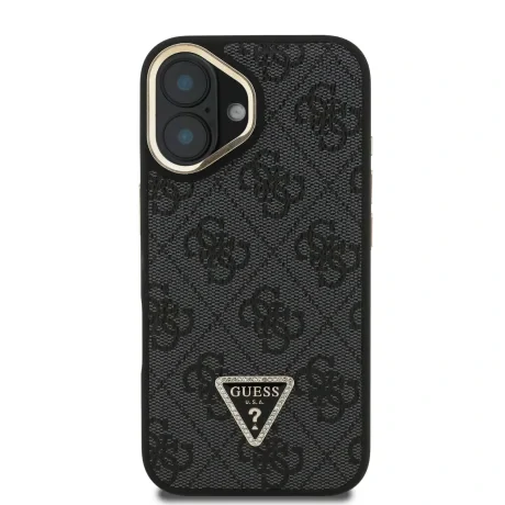 Husă spate Guess PU 4G Strass Triangle Logo Stand Camera Frame MagSafe pentru iPhone 16 Negru