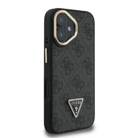 Husă spate Guess PU 4G Strass Triangle Logo Stand Camera Frame MagSafe pentru iPhone 16 Negru