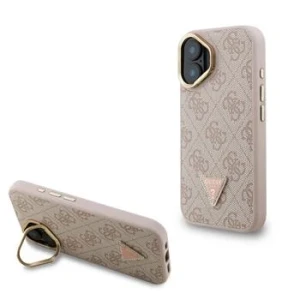Husă spate Guess PU 4G Strass Triangle Logo Stand Camera Frame MagSafe pentru iPhone 16, roz