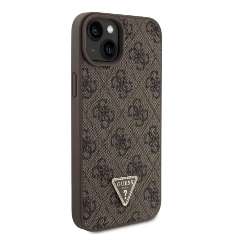 Husă spate Guess PU 4G Strass Triangle Metal Logo + curea crossbody pentru iPhone 15 Plus, maro