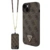 Husă spate Guess PU 4G Strass Triangle Metal Logo + curea crossbody pentru iPhone 15 Plus, maro