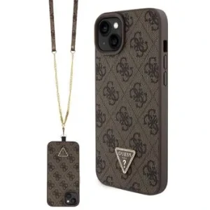 Husă spate Guess PU 4G Strass Triangle Metal Logo + curea crossbody pentru iPhone 15 Plus, maro