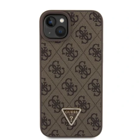 Husă spate Guess PU 4G Strass Triangle Metal Logo + curea crossbody pentru iPhone 15 Plus, maro