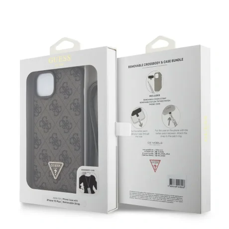 Husă spate Guess PU 4G Strass Triangle Metal Logo + curea crossbody pentru iPhone 15 Plus, maro