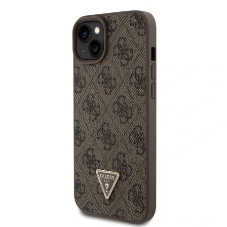 Husă spate Guess PU 4G Strass Triangle Metal Logo + curea crossbody pentru iPhone 15 Plus, maro