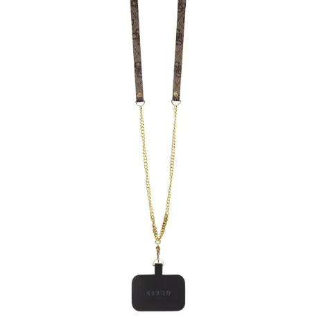 Husă spate Guess PU 4G Strass Triangle Metal Logo + curea crossbody pentru iPhone 15 Plus, maro