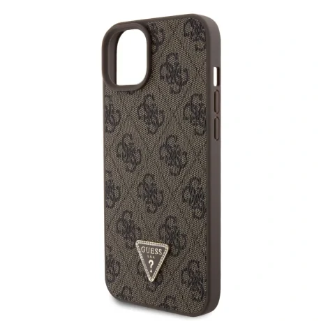 Husă spate Guess PU 4G Strass Triangle Metal Logo + curea crossbody pentru iPhone 15 Plus, maro