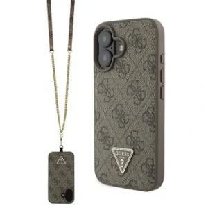 Husă spate Guess PU 4G Strass Triangle Metal Logo + curea crossbody pentru iPhone 16, maro
