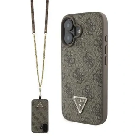 Husă spate Guess PU 4G Strass Triangle Metal Logo + curea crossbody pentru iPhone 16, maro