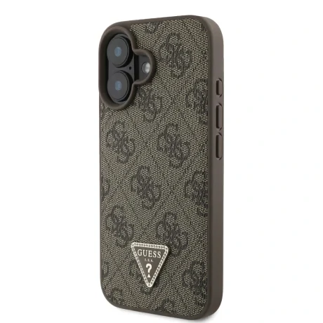 Husă spate Guess PU 4G Strass Triangle Metal Logo + curea crossbody pentru iPhone 16, maro