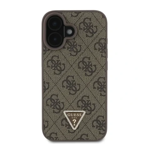 Husă spate Guess PU 4G Strass Triangle Metal Logo + curea crossbody pentru iPhone 16, maro
