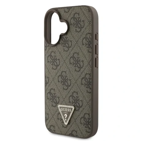 Husă spate Guess PU 4G Strass Triangle Metal Logo + curea crossbody pentru iPhone 16, maro