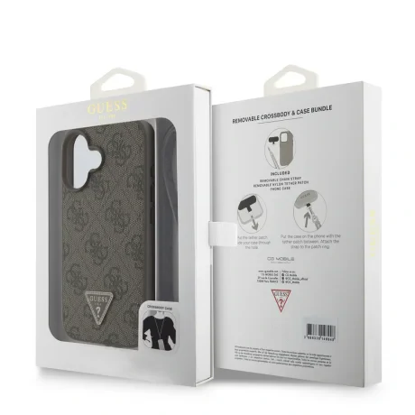 Husă spate Guess PU 4G Strass Triangle Metal Logo + curea crossbody pentru iPhone 16, maro