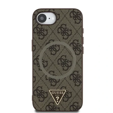 Husa spate Guess PU 4G Strass Triangle Metal Logo MagSafe pentru iPhone 16e/17e, maro