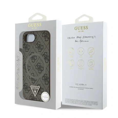 Husa spate Guess PU 4G Strass Triangle Metal Logo MagSafe pentru iPhone 16e/17e, maro