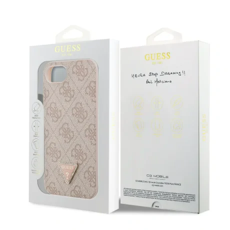 Husa spate Guess PU 4G Strass Triangle Metal Logo pentru iPhone 16e/17e, roz