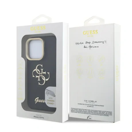 Husă spate Guess PU cu logo 4G, cadru foto, pentru iPhone 15 Pro, neagră