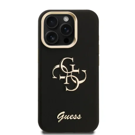 Husă spate Guess PU cu logo 4G, cadru foto, pentru iPhone 15 Pro, neagră