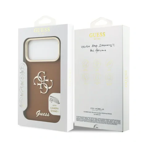 Husă spate Guess PU cu logo 4G, cadru foto, pentru iPhone 17 Pro Max, maro