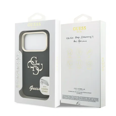 Husă spate Guess PU cu logo 4G, cadru foto, pentru iPhone 17 Pro, neagră