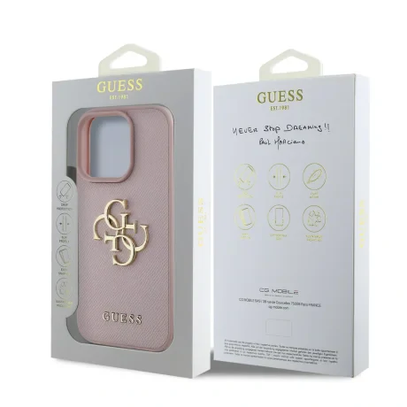 Husă spate Guess PU cu logo metalic 4G granulat pentru iPhone 15 Pro Max, roz