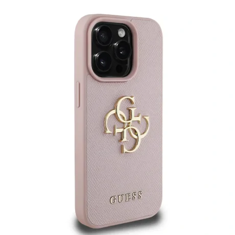 Husă spate Guess PU cu logo metalic 4G granulat pentru iPhone 15 Pro Max, roz