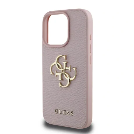 Husă spate Guess PU cu logo metalic 4G granulat pentru iPhone 15 Pro Max, roz