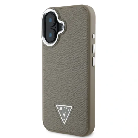Husă spate Guess PU cu logo triunghiular granulat MagSafe pentru iPhone 16, maro