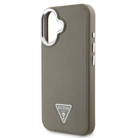 Husă spate Guess PU cu logo triunghiular granulat MagSafe pentru iPhone 16, maro