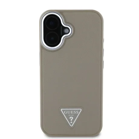 Husă spate Guess PU cu logo triunghiular granulat MagSafe pentru iPhone 16, maro