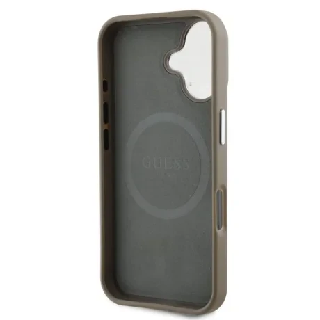 Husă spate Guess PU cu logo triunghiular granulat MagSafe pentru iPhone 16, maro