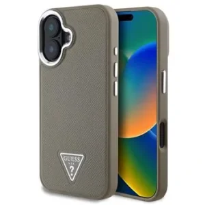 Husă spate Guess PU cu logo triunghiular granulat MagSafe pentru iPhone 16, maro