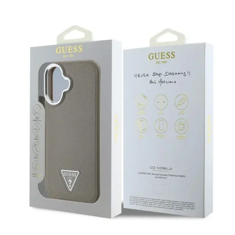 Husă spate Guess PU cu logo triunghiular granulat MagSafe pentru iPhone 16, maro