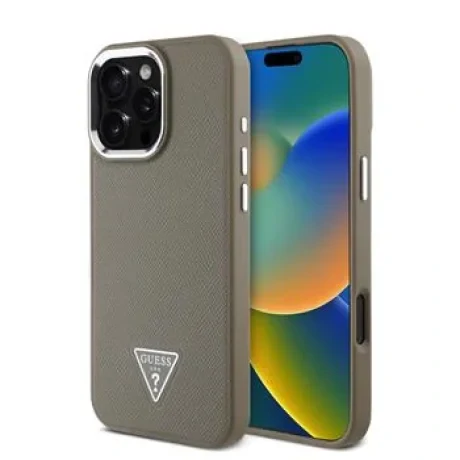 Husă spate Guess PU cu logo triunghiular granulat MagSafe pentru iPhone 16 Pro Max, maro