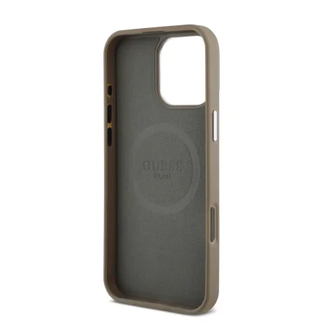 Husă spate Guess PU cu logo triunghiular granulat MagSafe pentru iPhone 16 Pro Max, maro