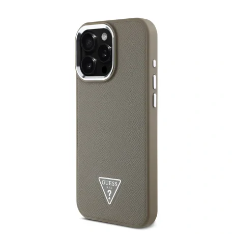 Husă spate Guess PU cu logo triunghiular granulat MagSafe pentru iPhone 16 Pro Max, maro