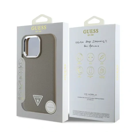 Husă spate Guess PU cu logo triunghiular granulat MagSafe pentru iPhone 16 Pro Max, maro
