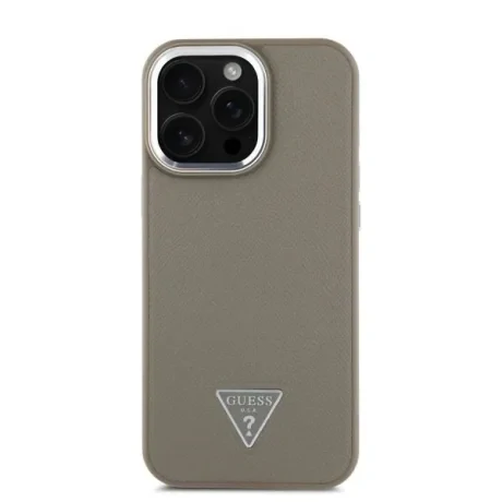 Husă spate Guess PU cu logo triunghiular granulat MagSafe pentru iPhone 16 Pro Max, maro